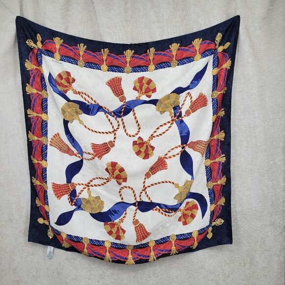 Liz Claiborne Satin Jacquard Nautical Tassel Motif Navy Blue and Red Scarf 80's - Picture 1 of 10